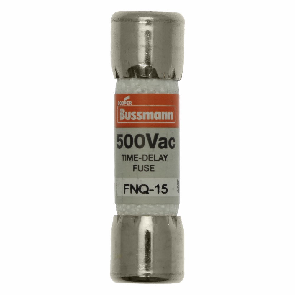 Eaton Bussmann series FNQ fuse, Time-delay Midget fuse, Motor control transformers, circuits with in-rush currents, 15 A, Non-indicating, Ferrule end x ferrule end, 10 kAIC at 500 Vac, Nickel-plated bronze endcap, Standard, 500 V