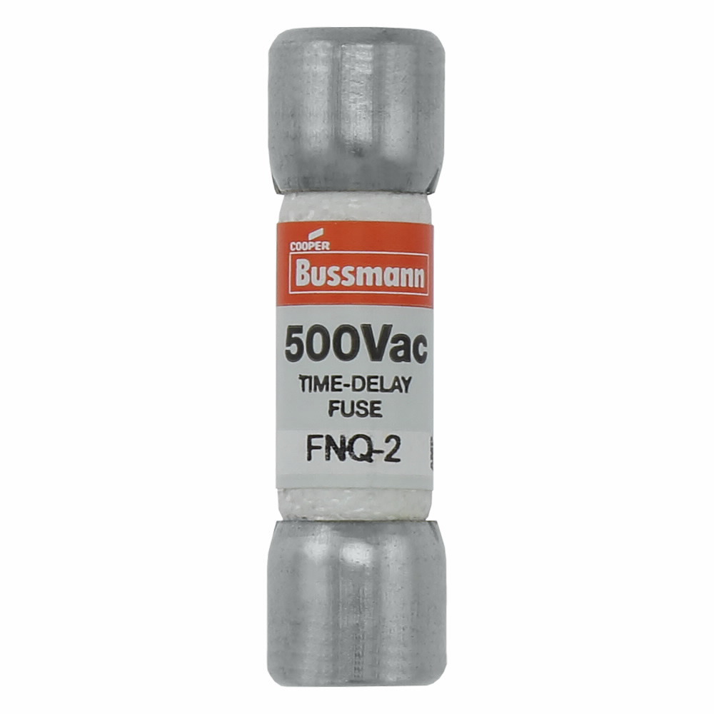 Eaton Bussmann series FNQ fuse, Time-delay Midget fuse, Motor control transformers, circuits with in-rush currents, 2 A, Non-indicating, Ferrule end x ferrule end, 10 kAIC at 500 Vac, Nickel-plated bronze endcap, Standard, 500 V
