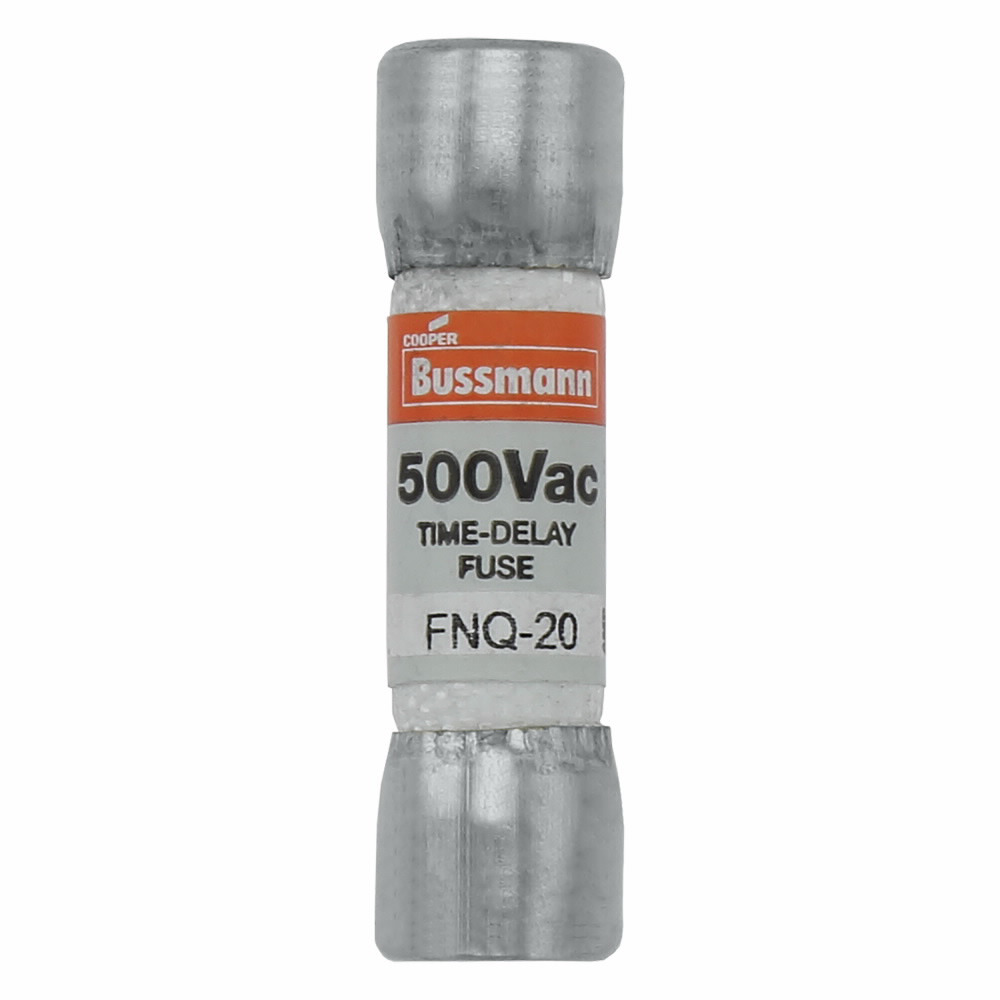 Eaton Bussmann series FNQ fuse, Time-delay Midget fuse, Motor control transformers, circuits with in-rush currents, 20 A, Non-indicating, Ferrule end x ferrule end, 10 kAIC at 500 Vac, Nickel-plated bronze endcap, Standard, 500 V