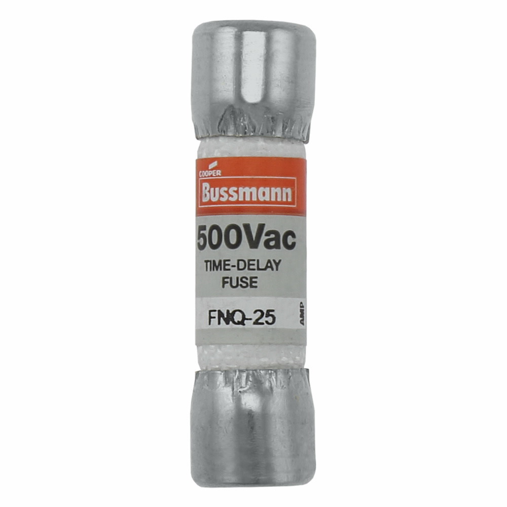 Eaton Bussmann series FNQ fuse, Time-delay Midget fuse, Motor control transformers, circuits with in-rush currents, 25 A, Non-indicating, Ferrule end x ferrule end, 10 kAIC at 500 Vac, Nickel-plated bronze endcap, Standard, 500 V