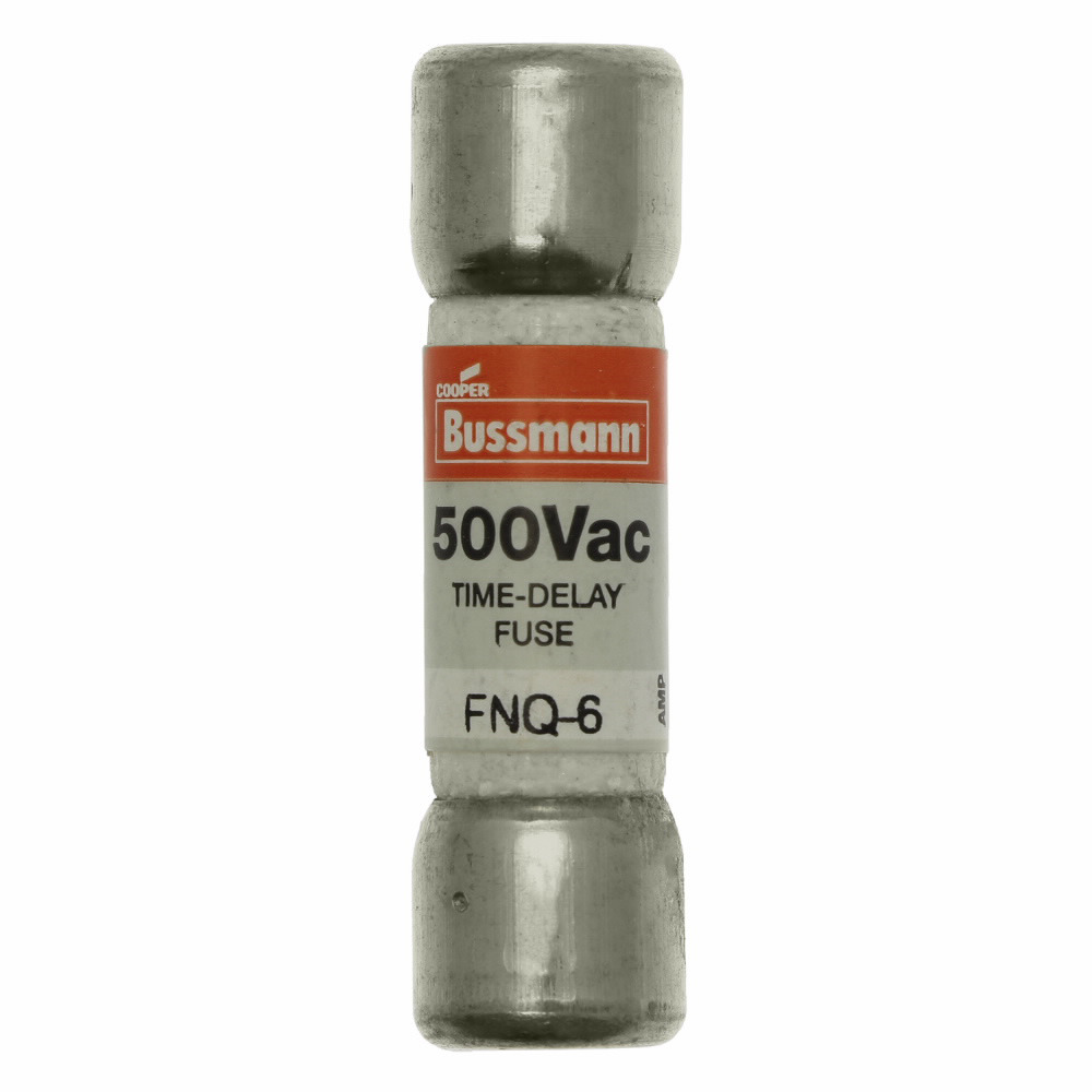 Eaton Bussmann series FNQ fuse, Time-delay Midget fuse, Motor control transformers, circuits with in-rush currents, 6 A, Non-indicating, Ferrule end x ferrule end, 10 kAIC at 500 Vac, Nickel-plated bronze endcap, Standard, 500 V