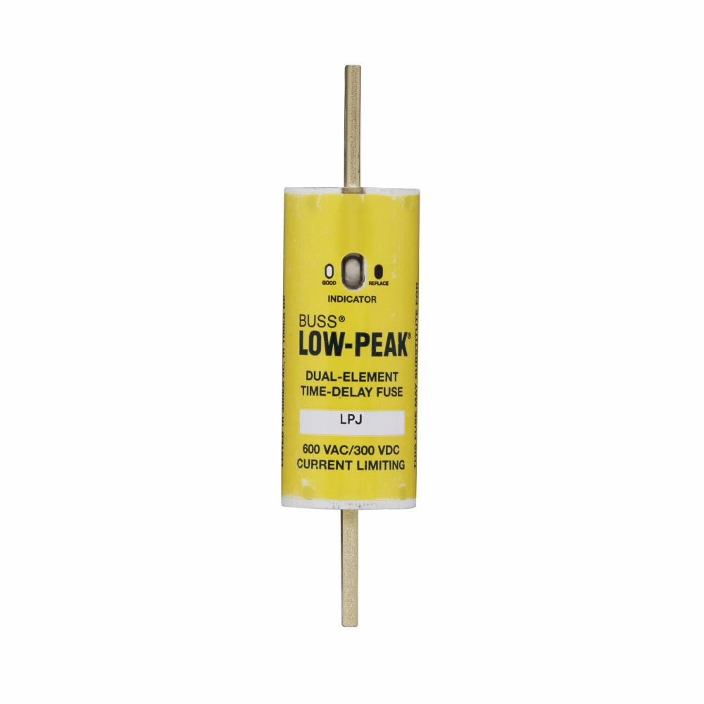 Eaton Bussmann series LPJ fuse, Low-peak fuse, 100 A, Dual, Class J, With Indicator, Bolted blade end x bolted blade end, Time delay,Current-limiting, 10 sec at 500%, 100 kAIC Vdc,300 kAIC at 600 V, Standard, 600 V, 300 Vdc