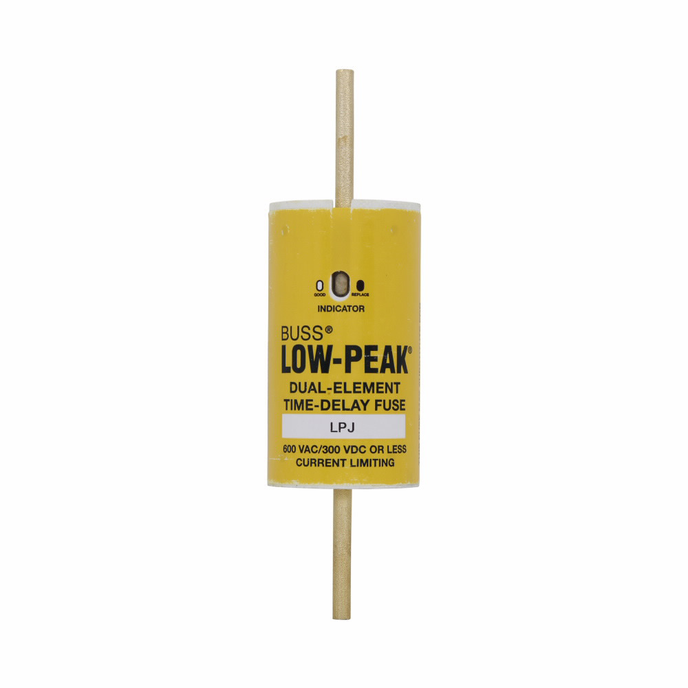 Eaton Bussmann series LPJ fuse, Low-peak fuse, 200 A, Dual, Class J, With Indicator, Bolted blade end x bolted blade end, Time delay,Current-limiting, 10 sec at 500%, 300 kAIC at 600 V,100 kAIC Vdc, Standard, 600 V, 300 Vdc