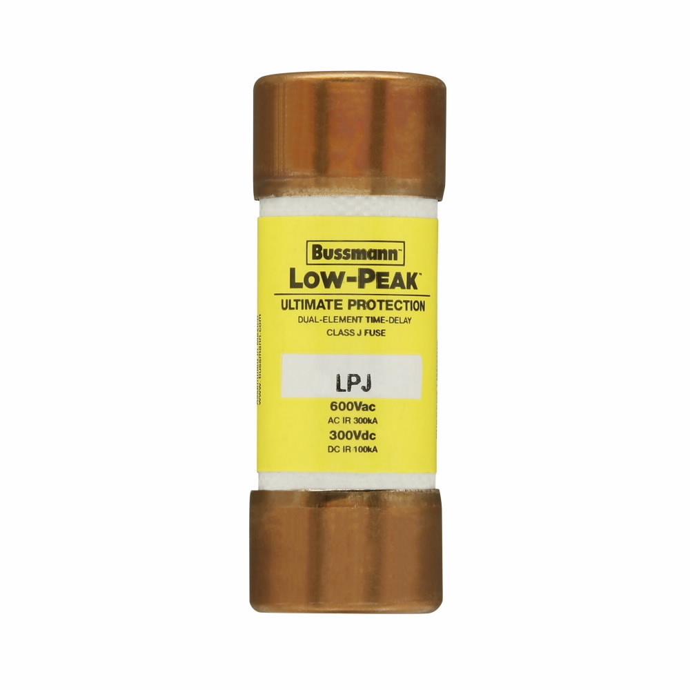 Eaton Bussmann series LPJ fuse, Low-peak fuse, 2.25 A, Dual, Class J, Non-indicating, Ferrule end x ferrule end, Time delay,Current-limiting, 10 sec at 500%, 100 kAIC Vdc,300 kAIC at 600 V, Standard, 600 V, 300 Vdc