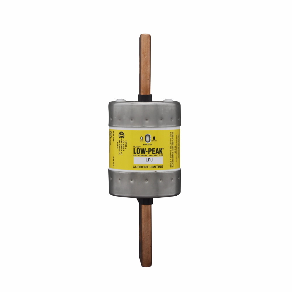 Eaton Bussmann series LPJ fuse, Low-peak fuse, 500 A, Dual, Class J, With Indicator, Bolted blade end x bolted blade end, Time delay,Current-limiting, 10 sec at 500%, 100 kAIC Vdc,300 kAIC at 600 V, Standard, 600 V, 300 Vdc