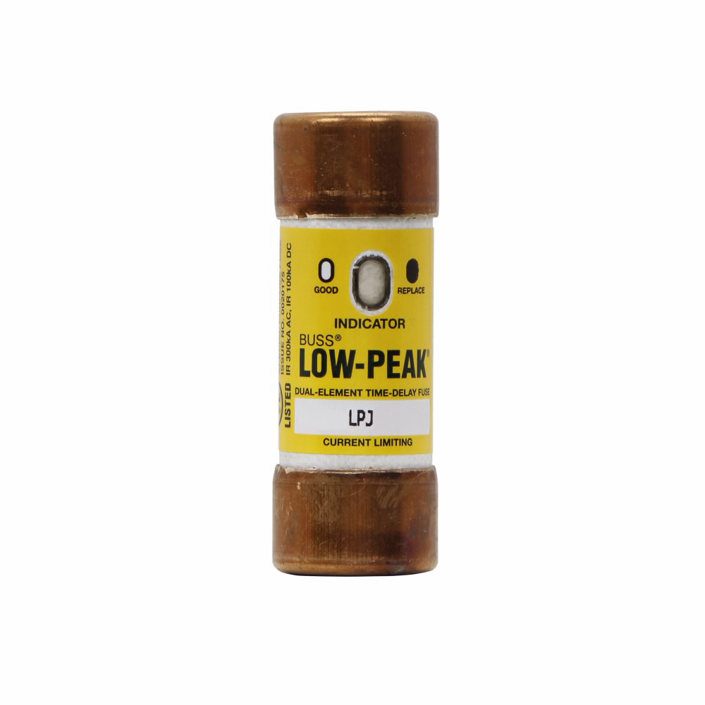 Eaton Bussmann series LPJ fuse, Low-peak fuse, 6 A, Dual, Class J, With Indicator, Ferrule end x ferrule end, Time delay,Current-limiting, 10 sec at 500%, 100 kAIC Vdc,300 kAIC at 600 V, Standard, 600 V, 300 Vdc