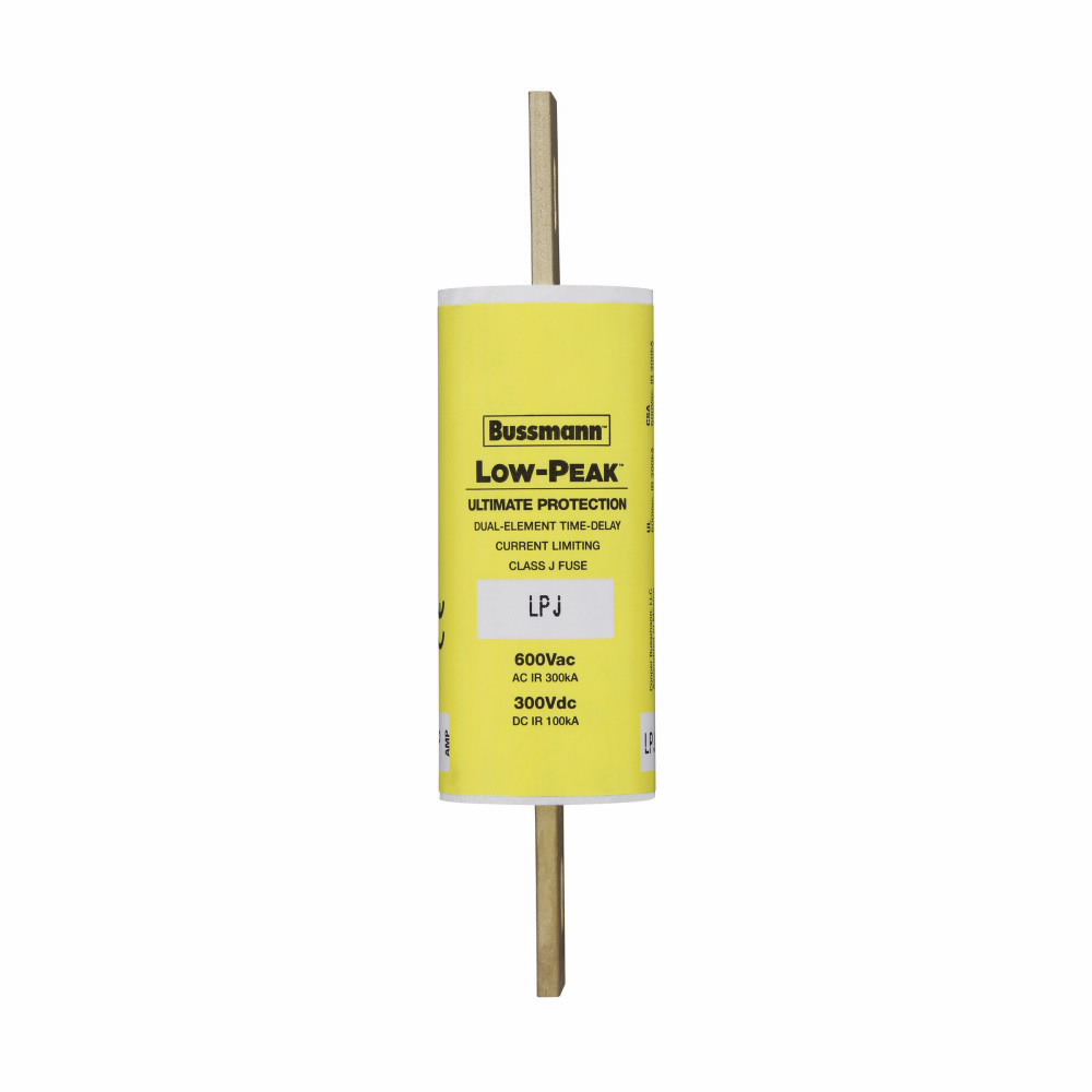 Eaton Bussmann series LPJ fuse, Low-peak fuse, 90 A, Dual, Class J, Non-indicating, Bolted blade end x bolted blade end, Time delay,Current-limiting, 10 sec at 500%, 100 kAIC Vdc,300 kAIC at 600 V, Standard, 600 V, 300 Vdc