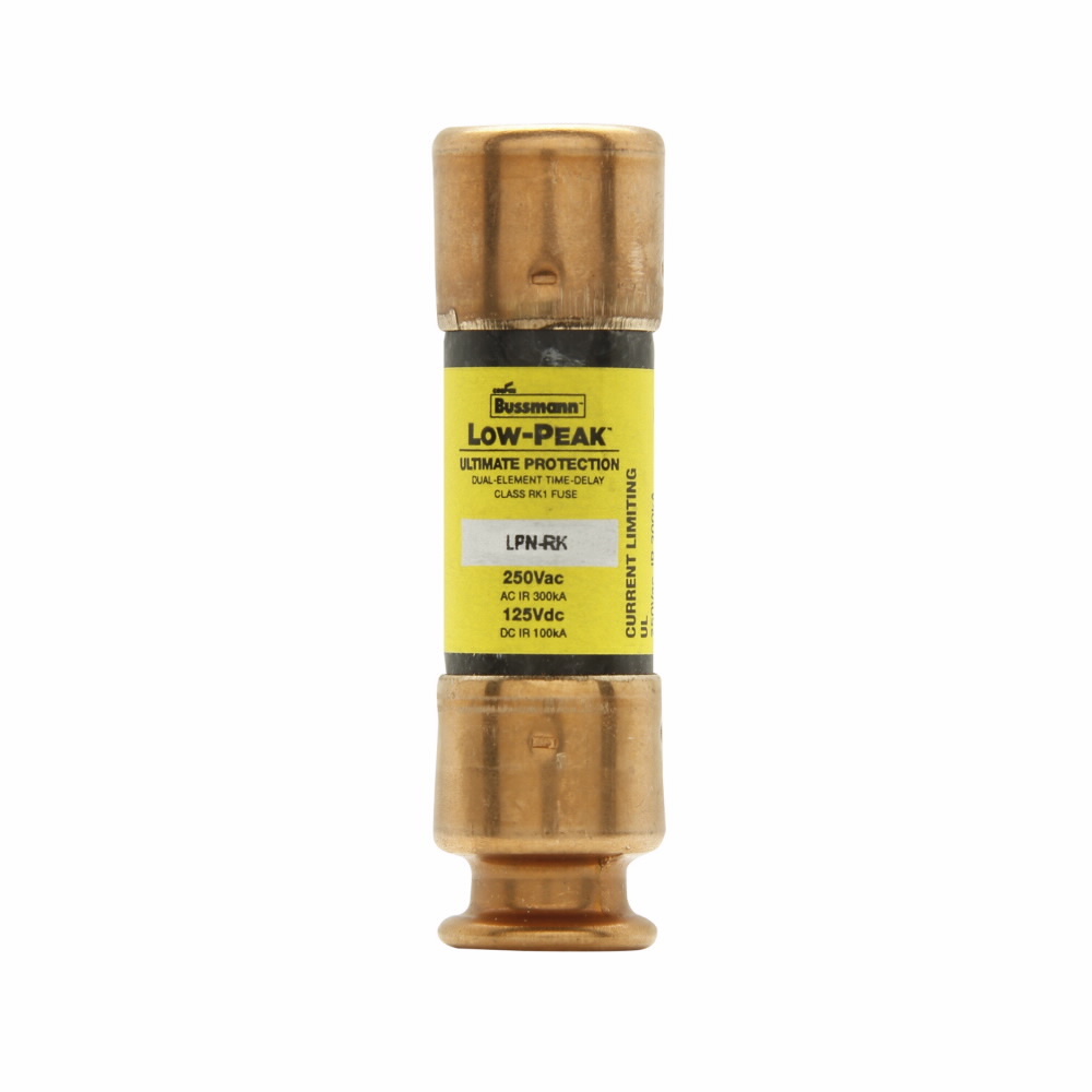 Eaton Bussmann series LPN-RK fuse, Low-peak fuse, 0.5 A, Dual, Class RK1, Non-indicating, Time delay,Current-limiting, 8 sec at 500%, 300 kAIC at 250 V,100 kAIC at 125 Vdc, Standard, 10, 250 V, 125 Vdc