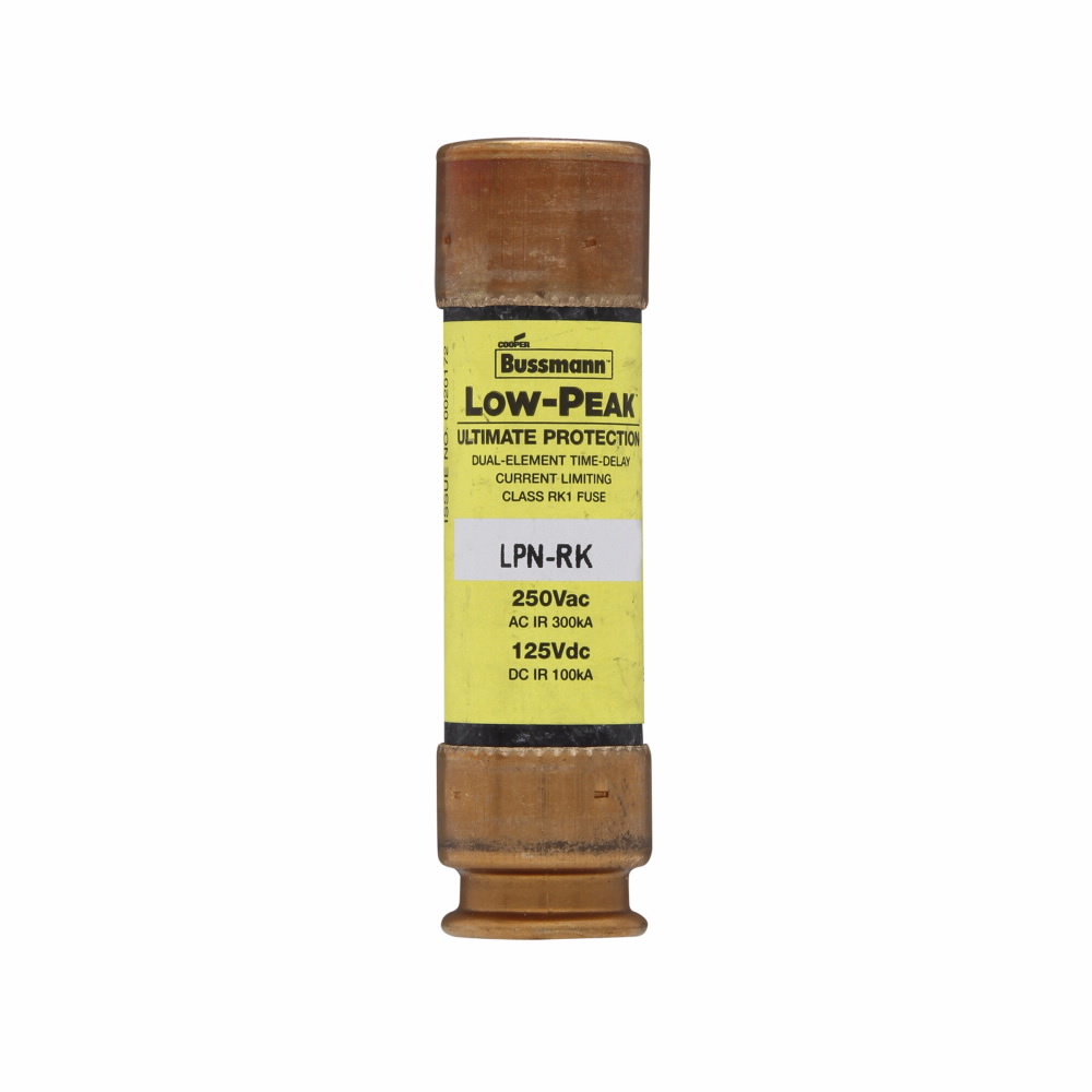 Eaton Bussmann series LPN-RK fuse, Low-peak fuse, 40 A, Dual, Class RK1, Non-indicating, Ferrule end x ferrule end, Time delay,Current-limiting, 10 sec at 500%, 100 kAIC at 125 Vdc,300 kAIC at 250 V, Standard, 10, 250 V, 125 Vdc