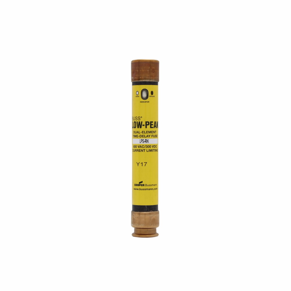 Eaton Bussmann series LPS-RK fuse, Low-peak fuse, 20 A, Dual, RK1, With Indicator, Ferrule end x ferrule end, Time delay,Current-limiting, 10 sec at 500%, 300 kAIC at 600 V,100 kAIC at 300 Vdc, Standard, 10, 600 V, 300 Vdc