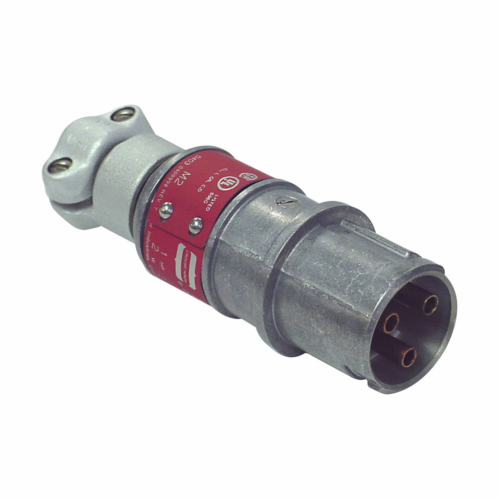 Eaton Crouse-Hinds series Arktite CPP plug, 20A, 0.312-0.625" cable diameter, Two-wire, three-pole, Brass contacts, 60 Hz, Style 2, 1 HP, Copper-free aluminum, Factory sealed, Delayed action circuit breaking, 125-250 Vac/18 Vdc