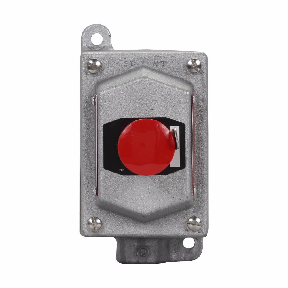 Eaton Crouse-Hinds series EDS pushbutton control station, With pushbuttons, Emergency, Stop, Feraloy iron alloy, Single circuit universal, 1, Single-gang, 1, Maintained contact mushroom head, Dead end, 3/4", 600 Vac