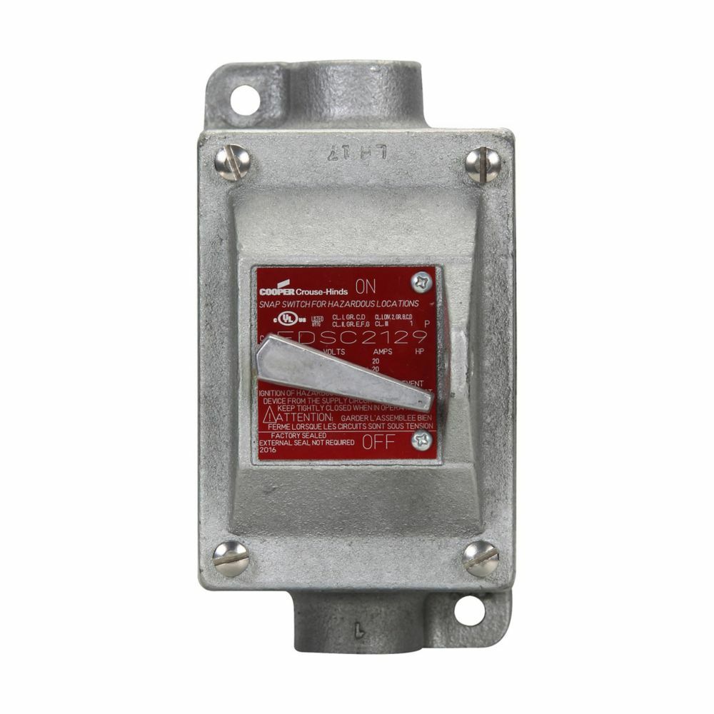 Eaton Crouse-Hinds series EDS snap switch control station, 20A, With switch, With two 1" hubs, Feraloy iron alloy, 1, Single-gang, Single-pole, 120-277V, Factory sealed, Through feed, Single-pole, 1", 120-277 Vac