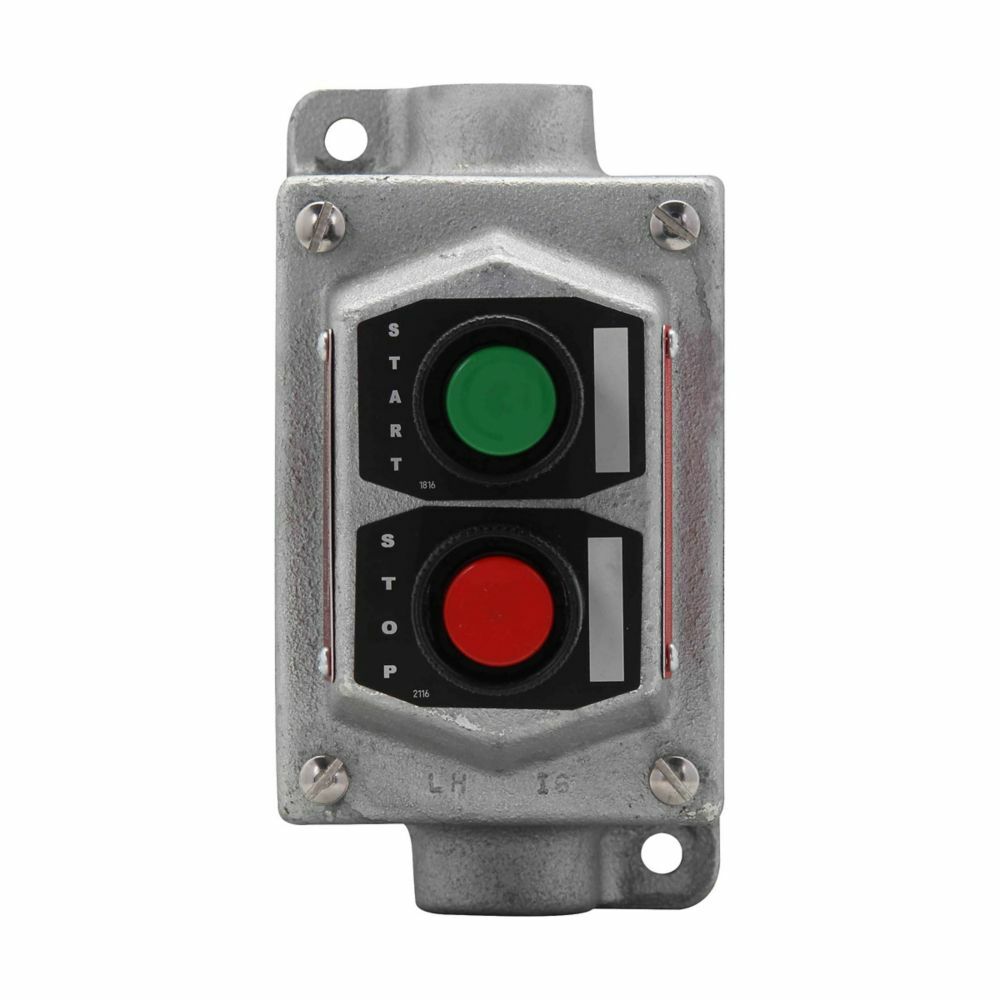Eaton Crouse-Hinds series EFS pushbutton control station, With pushbuttons, Two 3/4" hubs, Feraloy iron alloy, Two circuit, 2, 2, Single-gang, 2, Through feed, 3/4", 600 Vac