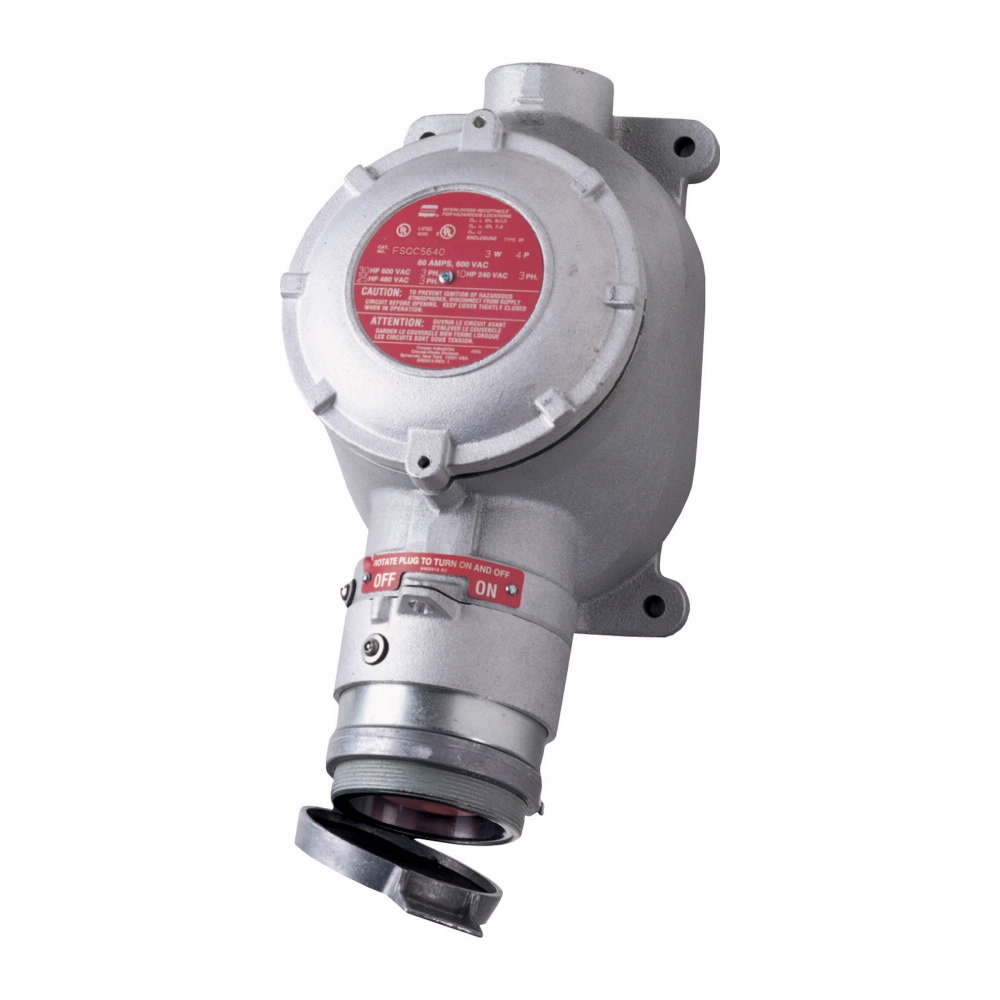 Eaton Crouse-Hinds series Arktite FSQC interlocked receptacle with switch, 30A, Through feed, Three-wire, four-pole, Brass contacts, Copper-free aluminum, Spring door, 3/4", Three-pole switch, 120-600 Vac