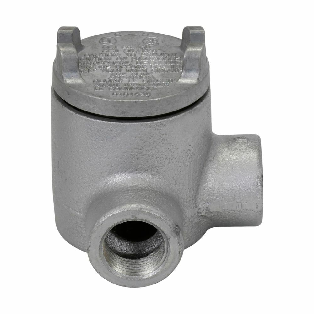 Eaton Crouse-Hinds series Condulet GUA conduit outlet box with cover, 2" cover opening diameter, Copper-free aluminum, L shape, 3/4"