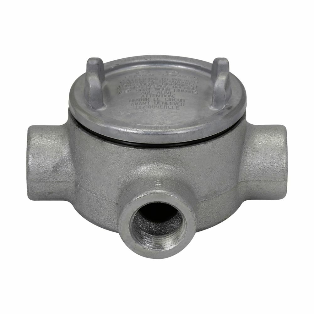 Eaton Crouse-Hinds series Condulet GUA conduit outlet box with cover, 3" cover opening diameter, Copper-free aluminum, T shape, 3/4"