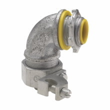 Eaton Crouse-Hinds series Liquidator liquidtight connector, FMC, 90 angle, Aluminum ground lug, Insulated, #4-14 AWG lug size, Malleable iron, 1/2"
