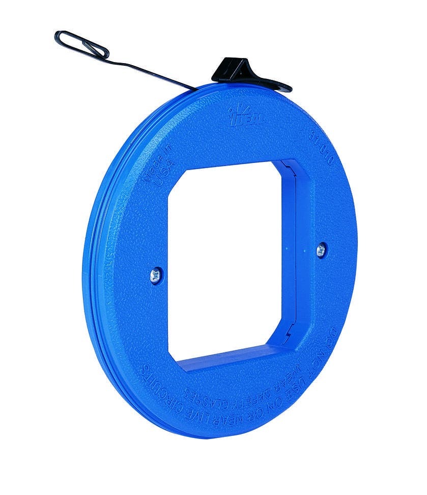 IDEAL, Fish Tape, Blued-Steel, Thumb -Winder, Length: 50 FT, Width: 1/8 IN, Thickness: 045 IN, Tensile Strength: 1600 LB, Tape End: Formed Hook, Material: Highest Grade Carbon Steel, Case Diameter: 7 IN