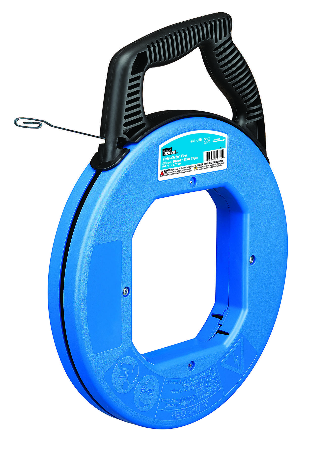 IDEAL, Fish Tape, Blued-Steel, Tuff-Grip Pro, Length: 60 FT, Width: 1/8 IN, Thickness: 060 IN, Tensile Strength: 1600 LB, Tape End: Formed Hook, Material: Highest Grade Carbon Steel, Case Diameter: 12 IN, Replacement Tape: 31-035