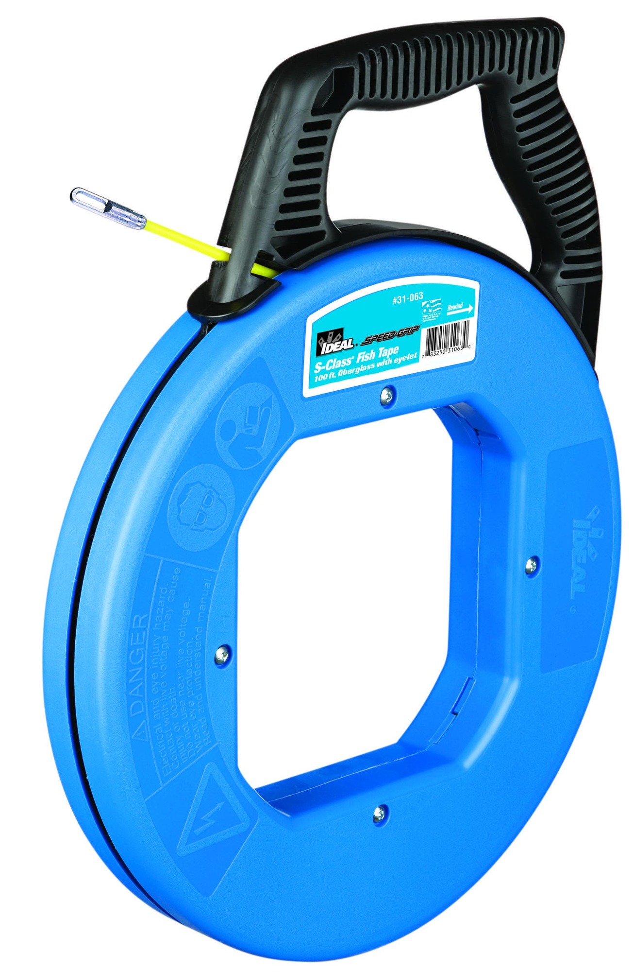 IDEAL, Fish Tape, S-Class, Tuff-Grip Pro, Length: 100 FT, Tape End: Eyelet, Material: Nylon Jacket, Structural Glass Core, Fiberglass Tape, Case Diameter: 12 IN, Replacement Tape: 31-162, Diameter: 3/16 IN