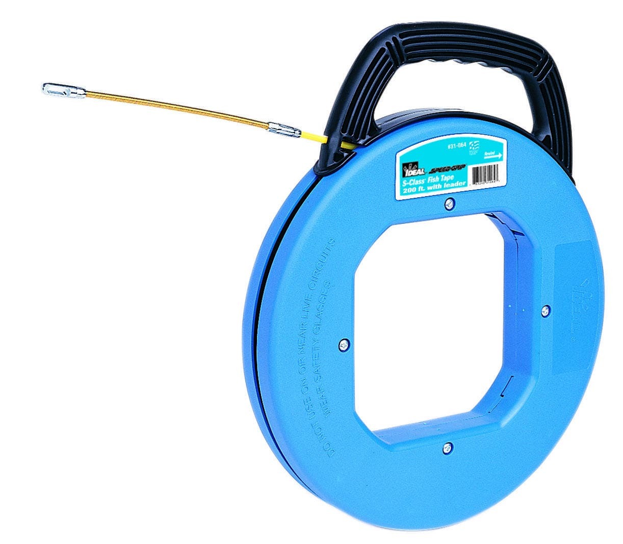 IDEAL, Fish Tape, S-Class, Tuff-Grip Pro, Length: 200 FT, Tape End: Leader, Material: Nylon Jacket, Structural Glass Core, Fiberglass Tape, Case Diameter: 16 IN, Replacement Tape: 31-155, Diameter: 3/16 IN