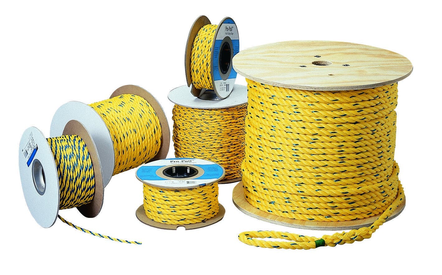 Pro-Pull Rope, 1/4 IN Rope, 1000 FT Length, Yellow Rope With Blue Tracer, Tensile Strength: 1125 LB, Package Configuration: Spool, Polypropylene