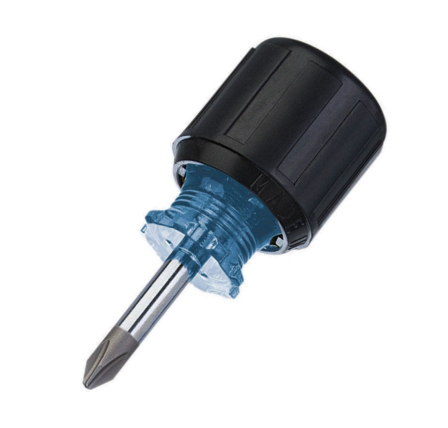 IDEAL, Screwdriver, Phillips, Phillips Head Screws, Tip Size: #2, Overall Length: 3-3/8 IN, Shank Length: 1 IN, Handle Type: Cushioned Rubber Grip, Blade Material: Chrome Vanadium Steel, Blade Finish: Nickel-Chrome Plating, Tip Type: Phillips, Shank Size: #2 IN, Warranty: Lifetime Guarantee