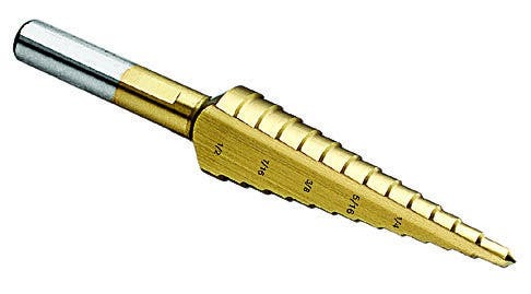 Step Drill Bit, Number Of Drill Stages: 13, Minimum Drill Diameter: 1/8 IN, Maximum Drill Diameter: 1/2 IN, Step Increments: 1/32 IN, Step 1/8 IN Thickness, 1/4 IN Shank, 1 IN Shank, Titanium Nitride Finish