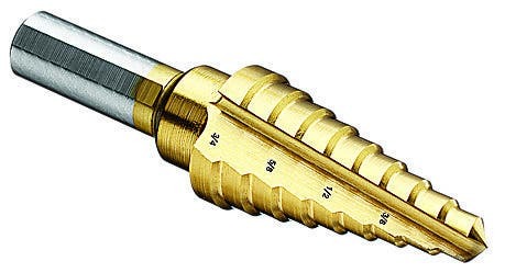 Step Drill Bit, Number Of Drill Stages: 9, Minimum Drill Diameter: 1/4 IN, Maximum Drill Diameter: 3/4 IN, Step Increments: 1/16 IN, Step 1/8 IN Thickness, 3/8 IN Shank, 1 IN Shank, Titanium Nitride Finish
