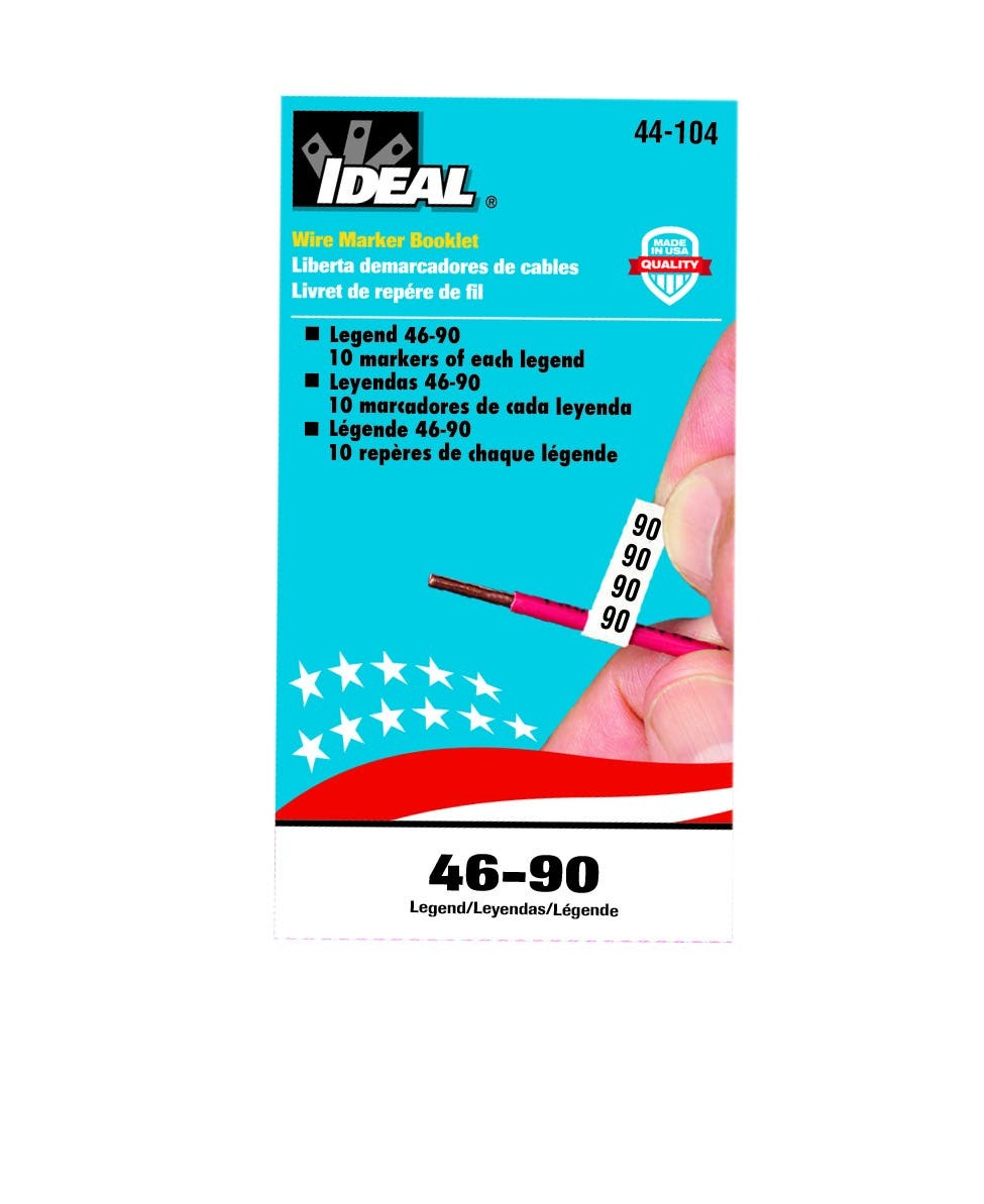 IDEAL, Wire Marker Booklet, Size: 1/4 X 1-1/2 IN Marker, Material: Plastic-Impregnated Cloth, Legend: 46-90, Temperature Rating: -40 To 180 DEG F, Markers Per Page: 10, Number Of Pages: 10/Booklet, Legend Color: Non-Smear Black, Adhesion: 45 OZ/IN Width Ultimate, Includes: 450 Wire Markers And 450 Terminal Markers