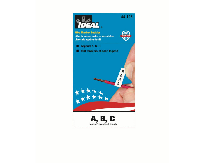 IDEAL, Wire Marker Booklet, Size: 1/4 X 1-1/2 IN Marker, Material: Plastic-Impregnated Cloth, Legend: A, B, C, Temperature Rating: -40 To 180 DEG F, Markers Per Page: 150, Number Of Pages: 10/Booklet, Legend Color: Non-Smear Black, Adhesion: 45 OZ/IN Width Ultimate, Includes: 450 Wire Markers And 450 Terminal Markers
