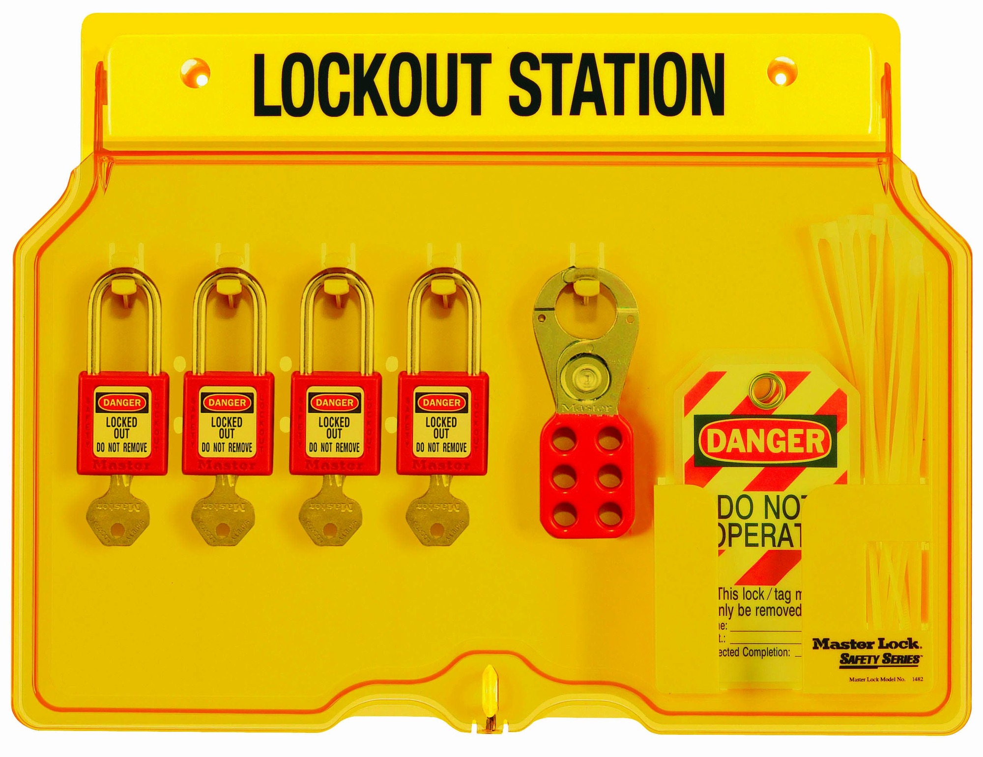 IDEAL, Lock Station Kit, Lockout, Material: Polycarbonate, Number Of Pieces: 4, Includes: Four Red Safety Padlocks (44-916), 12 Heavy-Duty Lockout Tags And Two 1 IN Safety Lockout Hasps (44-800)
