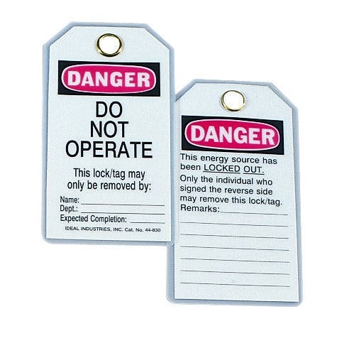 Heavy-Duty Laminated Lockout Tag, Plastic, Do Not Operate Legend, Grommet: 7/8 IN, Package: 5/Card, Exceeds OSHA 50 LB Pullout Requirement
