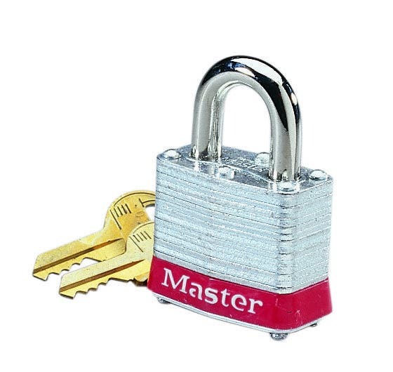 IDEAL, Padlock, Steel, Hasp Clearance: 2 IN, Hasp Diameter: 9/32 IN, Lock Material: Steel Case, Color: Red Bumper, Width: 1-1/2 IN, Includes: Two Keys, Finish: Nickel-Plated Shackle IN