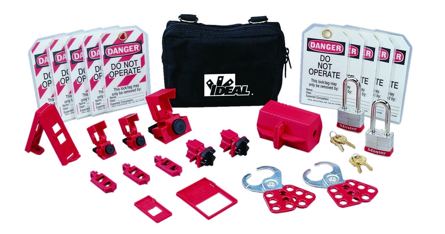 IDEAL, Lockout Or Tagout Kit, Standard, Material: Nylon Zipper, Number Of Pieces: 25, Includes: (3) 44-810 Hinged Single-Pole Breaker Lockouts, (2) 44-809 Universal 277V Breaker Lockouts/Single Pole, (1) 44-807 480/600V Breaker Lockout, (1) 44-789 Wall Switch Lockout, (1) 44-818 110V Small Plug Lockout, (2) 44-907 2 in. Shackle Red Padlocks, (2) 44-800 1 in. Safety Lockout Hasps, (5) 44-848 Lockout Tags Do Not Operate, (5) 44-849 Lockout Tags Do Not Operate (striped), (1) 44-785 Cleat for 277V Breaker Lockout, (1) 44-786 Cleat for 480/600V Breaker Lockout, (2) 44-783 Universal Multi-Pole Breaker Lockouts,(1) IA-3240 Zipper Pouch
