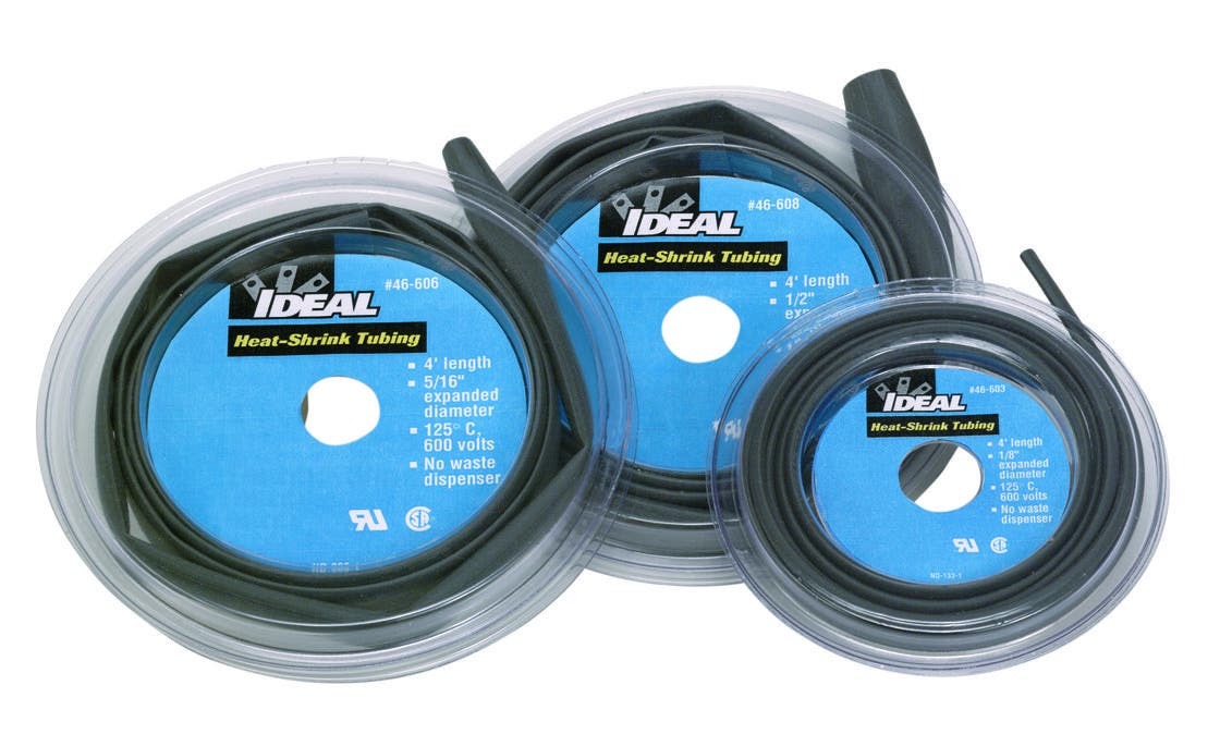 IDEAL, Heat Shrinkable Tube, Thermo-Shrink, Thin-Wall, Shrink Ratio: 2:1, Inside Diameter: 1/2 IN, Thickness: 026 IN, Length: 4 FT, Volume Resistivity: 1014 OHM CM For ASTM D 876 Test Method, Dielectric Strength: ASTM D 150, 20 KV/MM, Continuous Operating Temperature: -55 To 125 DEG C, Minimum Shrink Temperature: 70 DEG C, Heat Shock: UL 224, No Cracking (250 DEG C/4 HR), Cable Range: 4 - 1 AWG, Nominal Recoveredi.d. (max.): 0.252 IN, Expanded I.d. (min.): 0.539, Elongation At Break: 600 PCT ASTM D 638, Elongation Of Break After Aging: 350 PCT For UL 224 Test Method, Cold Bend Test (-55c/4 Hours): No Cracking For UL 224 Test Method, Copper Corrosion: Pass For UL 224 Test Method, Chemical Resistance: Pass For UL 224 Test Method, Longitudinal Shrinkage: 0 Plus Or Minus 5 PCT For UL 224 Test Method, Eccentricity: 30 PCT For UL 224 Test Method, Normal Size: 1/2 IN, Package: Disk