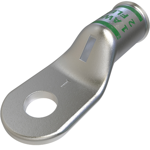 Copper Compression Lug, Conductor Size 1, 1 Hole, 1/4in Bolt Size, Standard Barrel, Sight Window, Tin Plated, UL, CSA