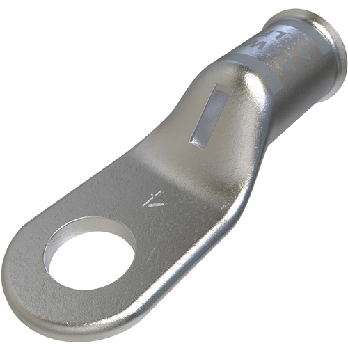 Copper Compression Lug, Conductor Size 4, 1 Hole, 1/4in Bolt Size, Standard Barrel, Sight Window, Tin Plated, UL, CSA