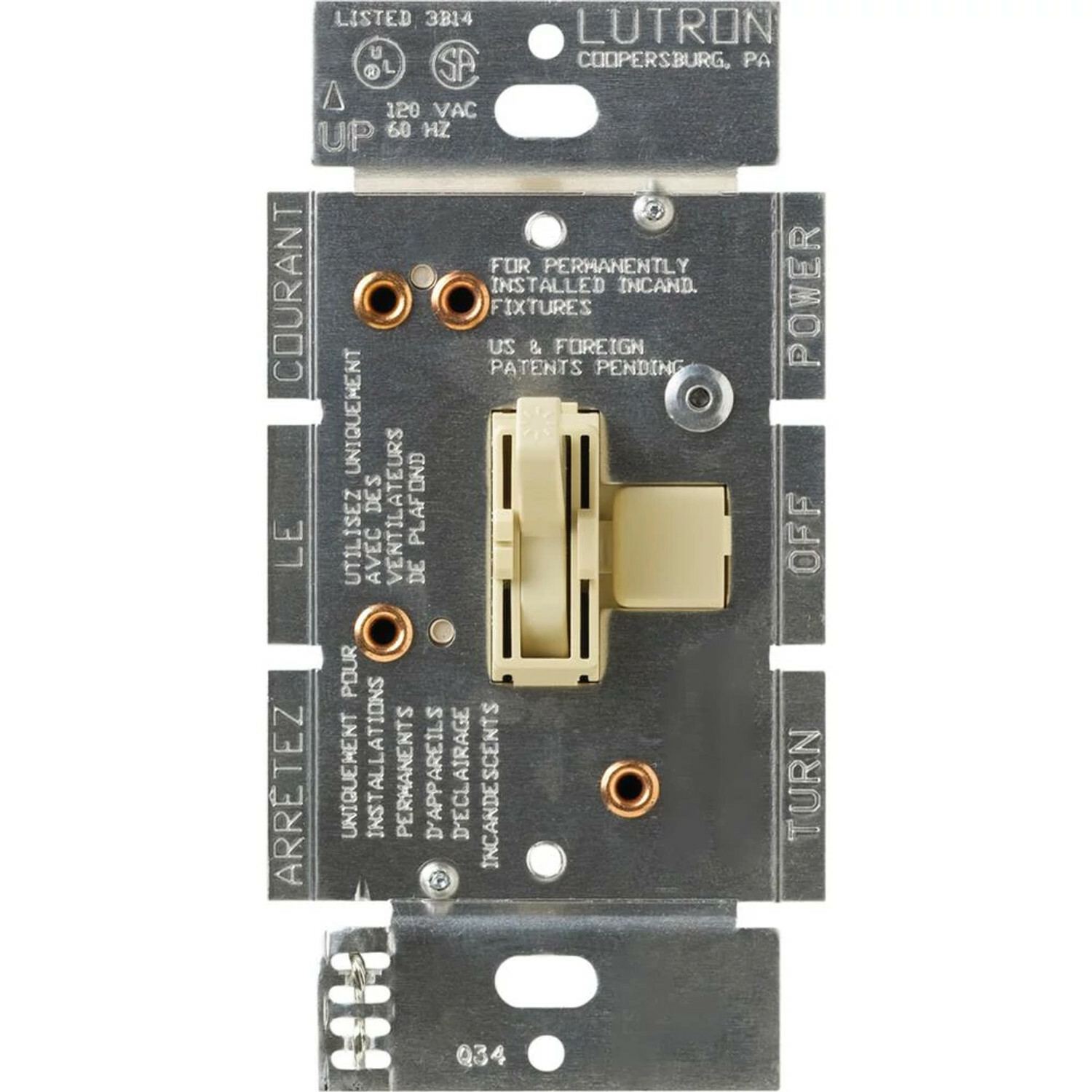 Ariadni Fan/Light Control, Fan control and dimmer, single-pole - quiet 3-speed, 120V/1.5A/300W in ivory