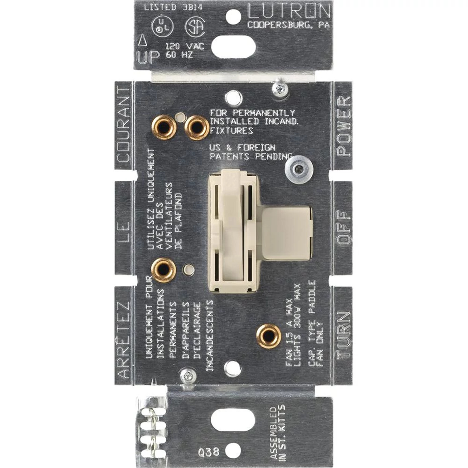 Ariadni Fan/Light Control, Fan control and dimmer, single-pole - quiet 3-speed, 120V/1.5A/300W in light almond