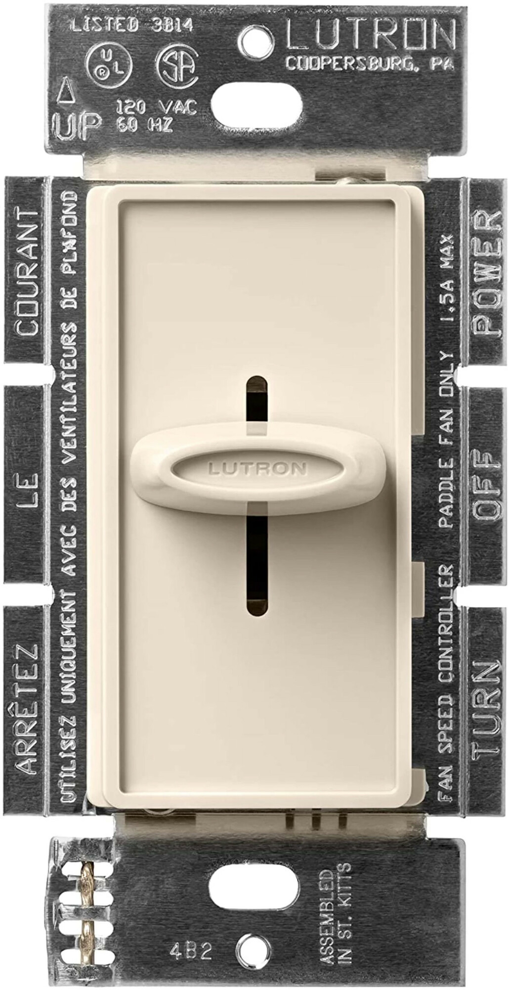 Skylark Fan-Speed Control, Single-pole, quiet 3-speed, 120V/1.5A, clamshell packaging in light almond