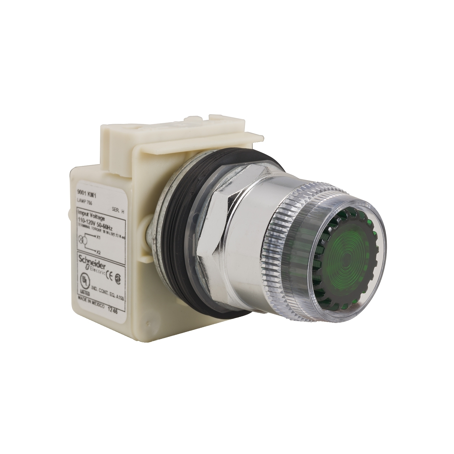 Head for spring return push button, Harmony 9001K, metal, plastic guard flush, green, 30mm, spring return, 110...120V