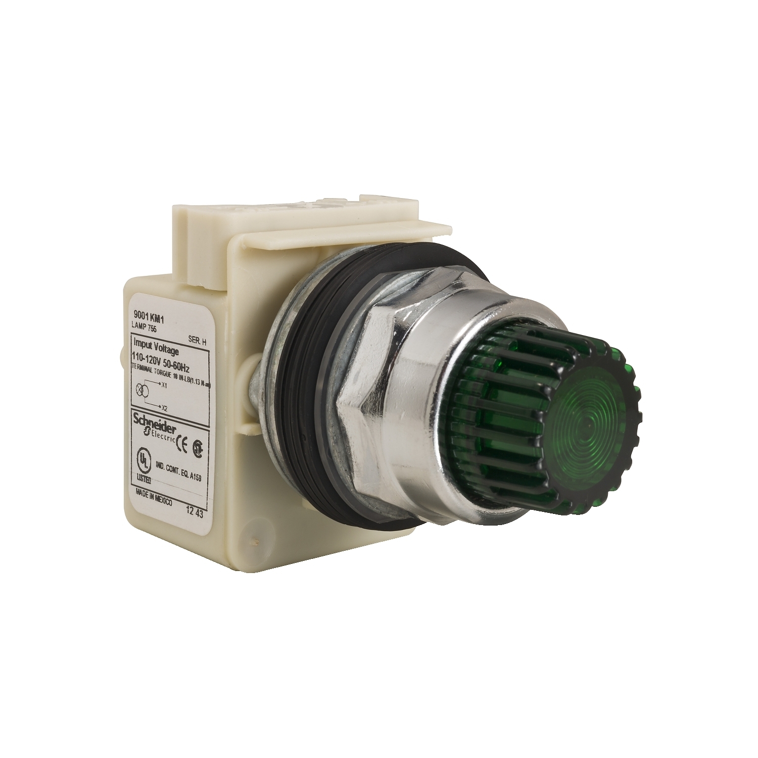 Illuminated push-button head, Harmony 9001K, metal, projecting, green, 30mm, spring return, 110-120V