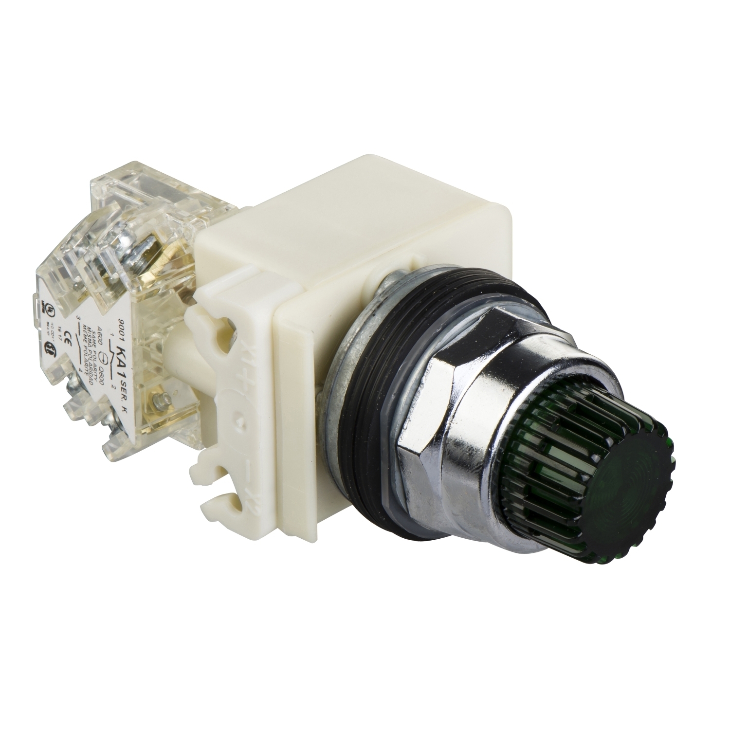 Illuminated push button, Harmony 9001K, metal, projecting, green, 30mm, spring return, LED green, 24...28V, 1 CO