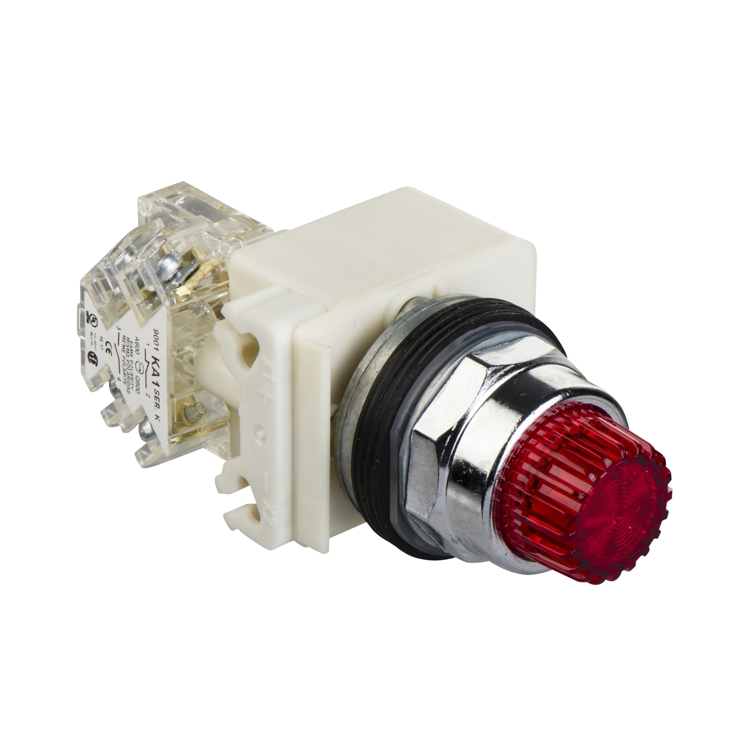 Illuminated push-button, Harmony 9001K, metal, projecting, red, 30mm, spring return, LED red, 120V, 1 C/O