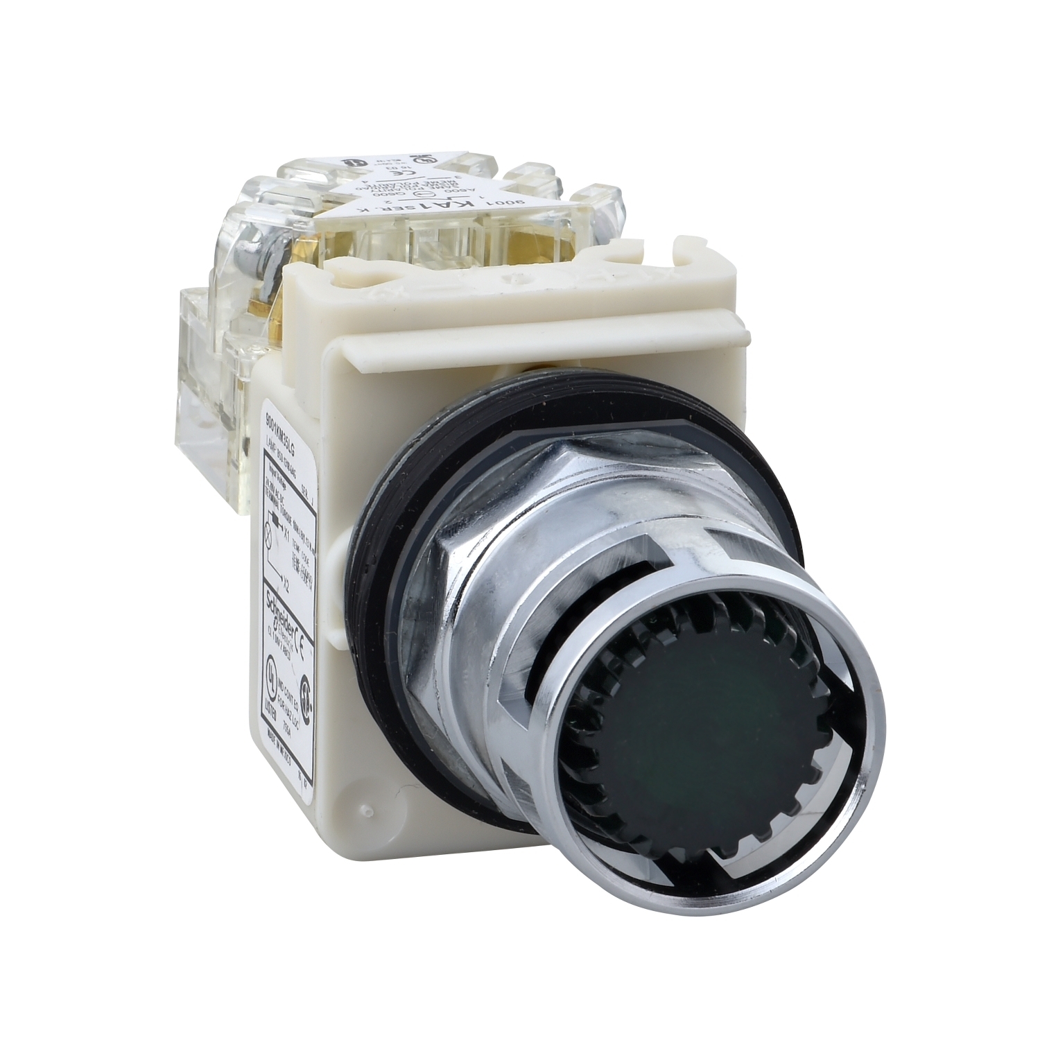 Illuminated push button, Harmony 9001K, metal, metal guard flush, green, 30mm, spring return, LED green, 120V, 1 changeover