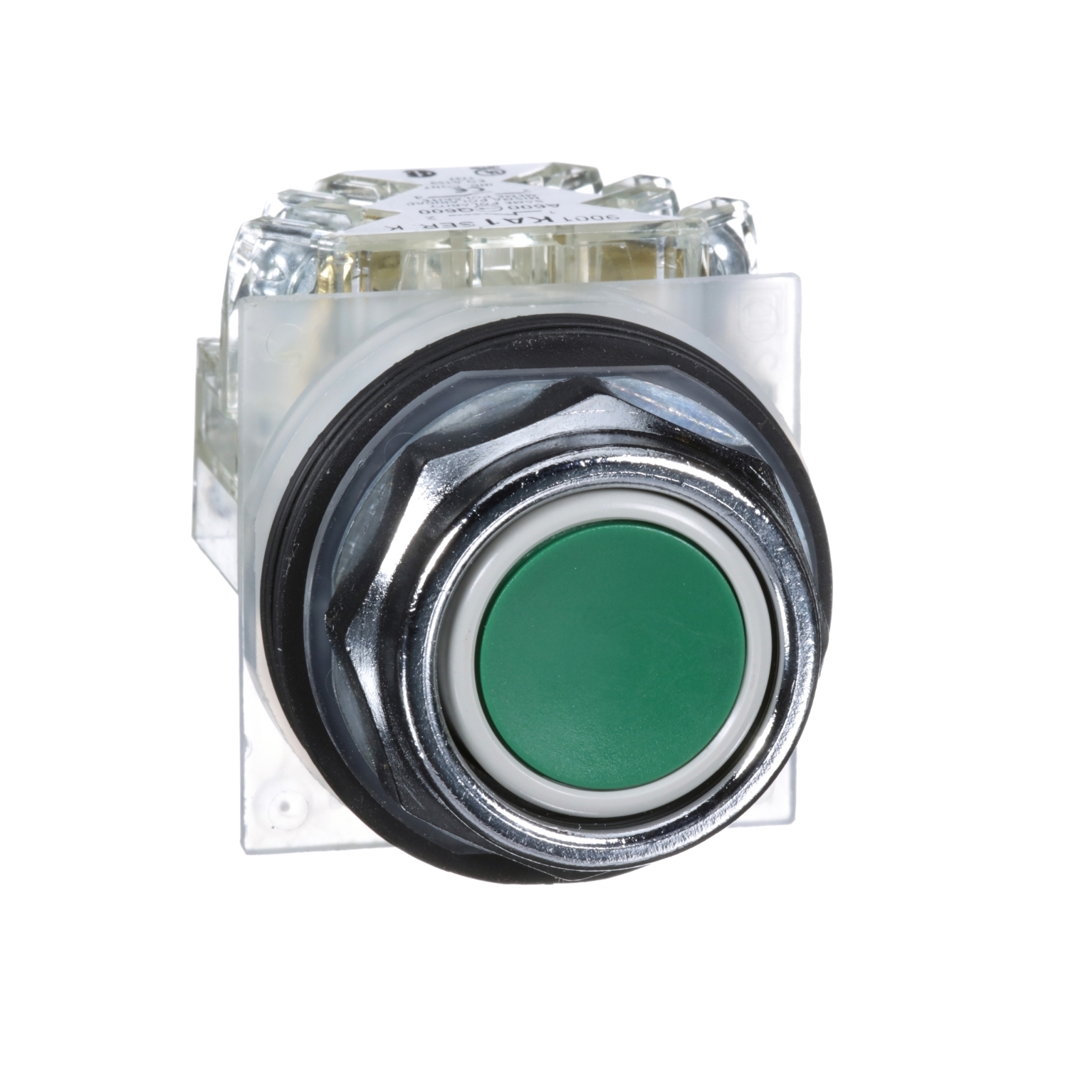 30mm Push Button, Type K, push button, full guard, green, 1 NO and 1 NC