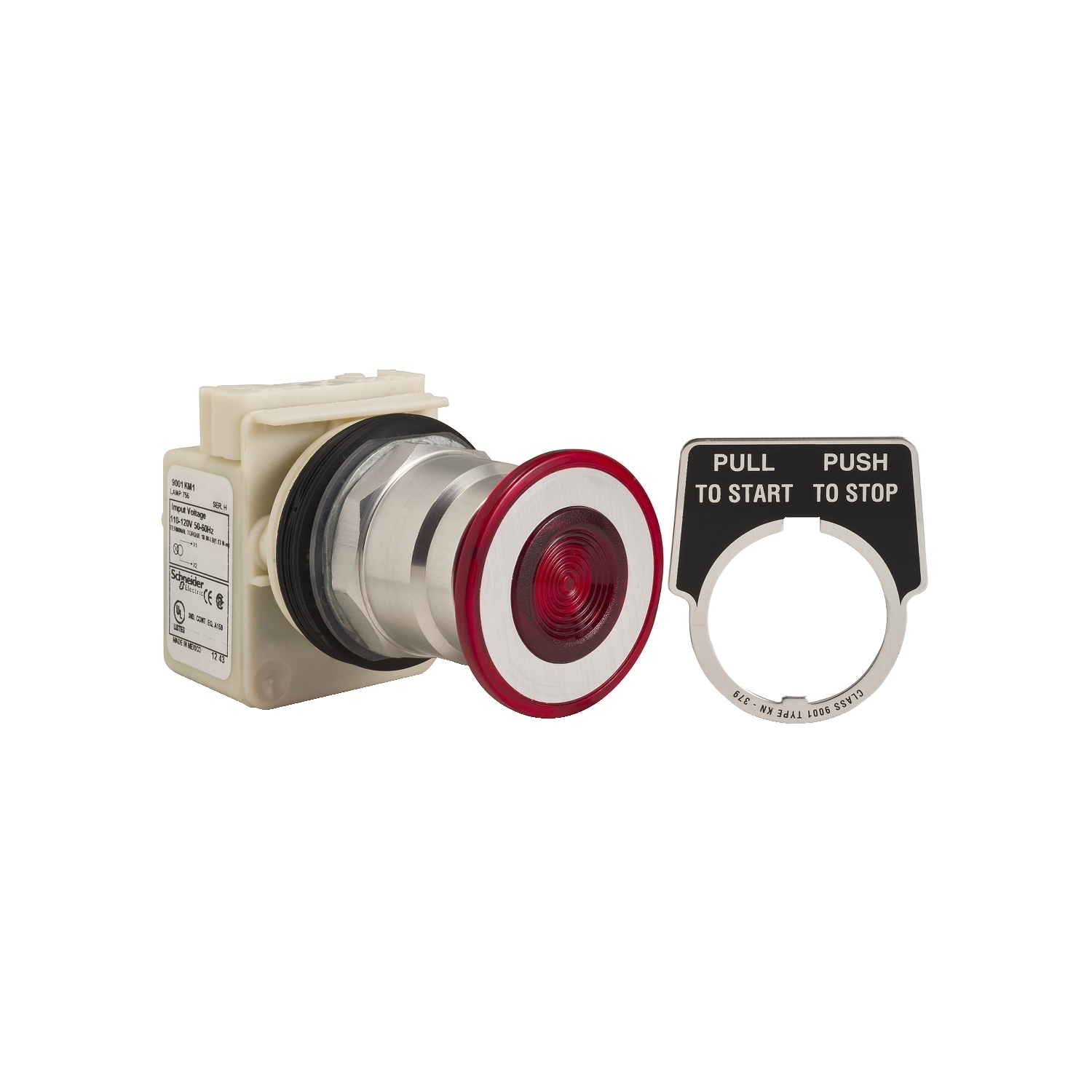 Illuminated push button, Harmony 9001K, metal, mushroom 41mm, red, 30mm, 3 positions, return to center, 110...120V, 1NC late + 1NC