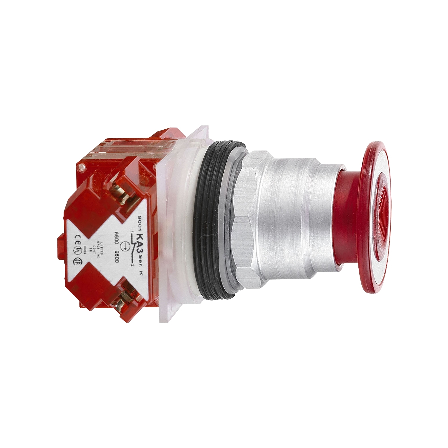 Push-button, Harmony 9001K, metal, mushroom 41mm, red, 30mm, 3 positions, return to center, 1 NC late + 1 NC